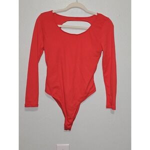 iSwaves Bodysuit Womens Size L Red Orange Long Sleeve Open Back Full Coverage